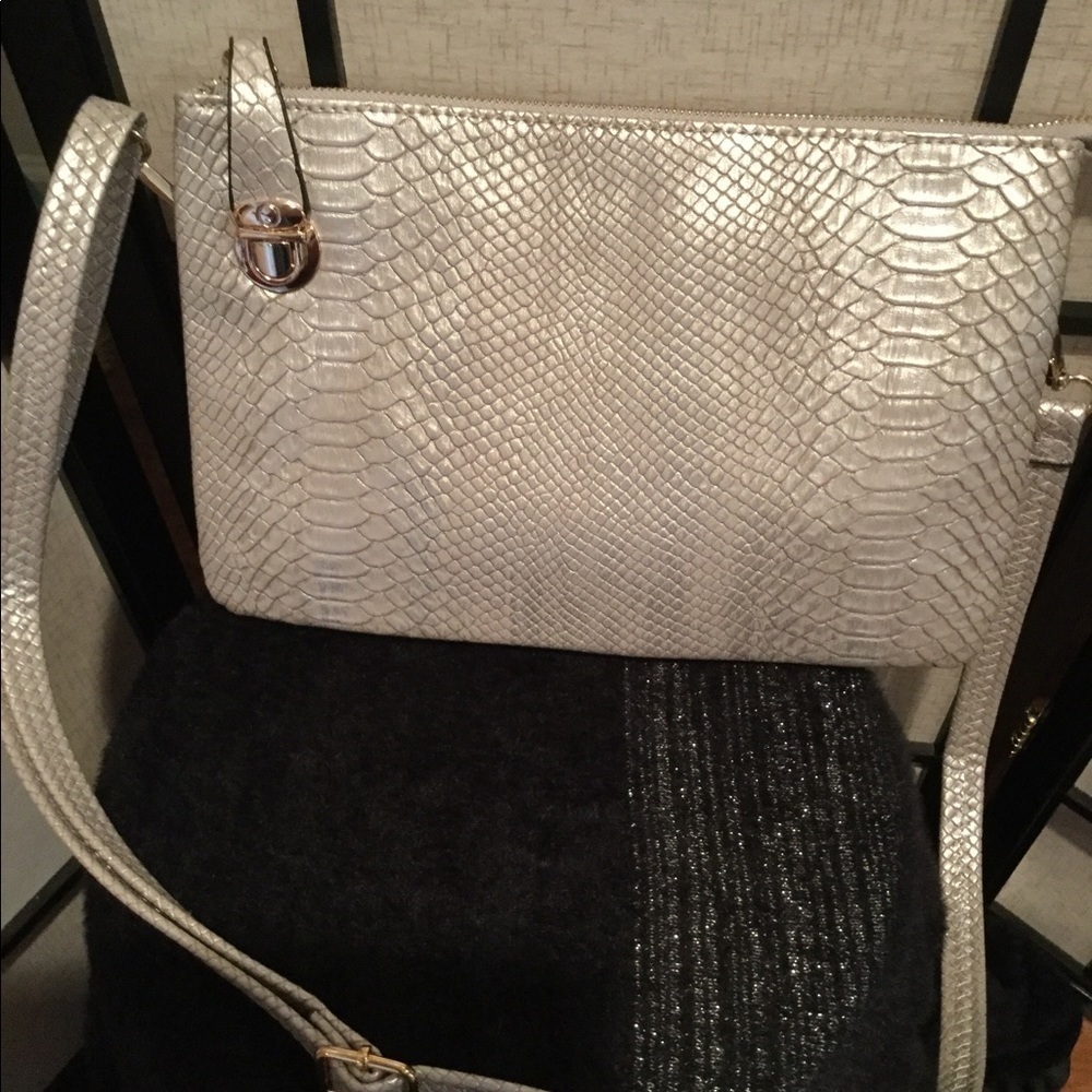 Silver Faux Snakeskin Embossed Triple Section Bag